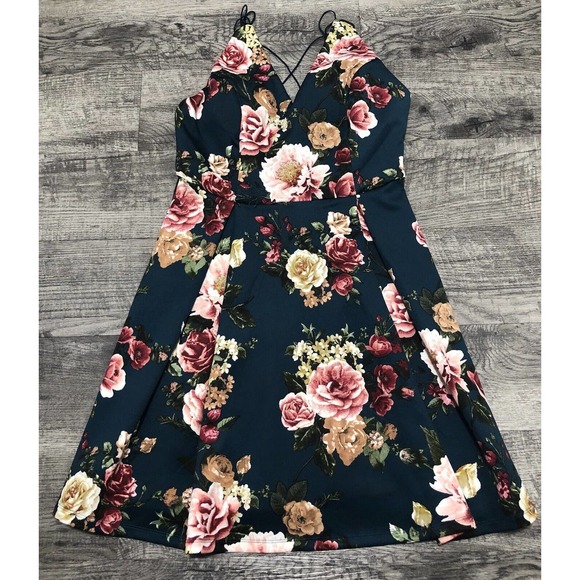 Fifty Street Green Pink Sz L Floral Dress Sleeveless Skater Mini Flare Small C52 - Picture 7 of 7